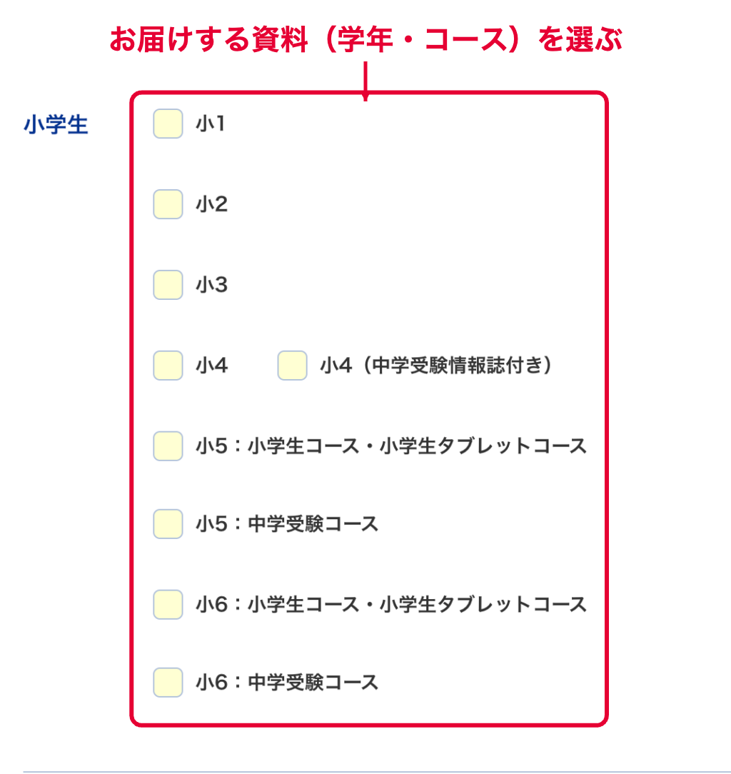 Z会資料請求でコースを選ぶ画面